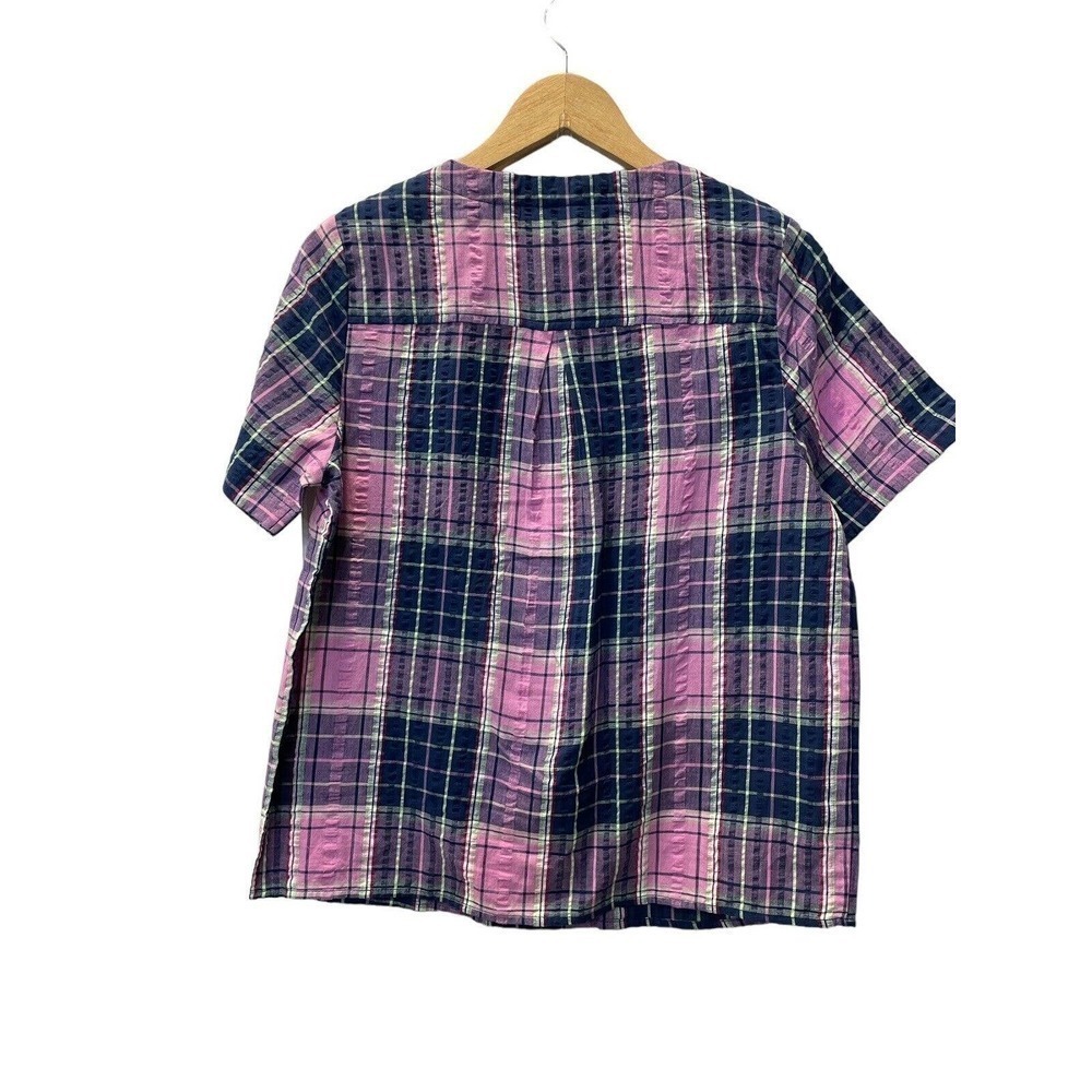 Blair Womens Large Blouse Cotton Blend Purple Blue Check‎ Short Sleeve Button up - Picture 2 of 6